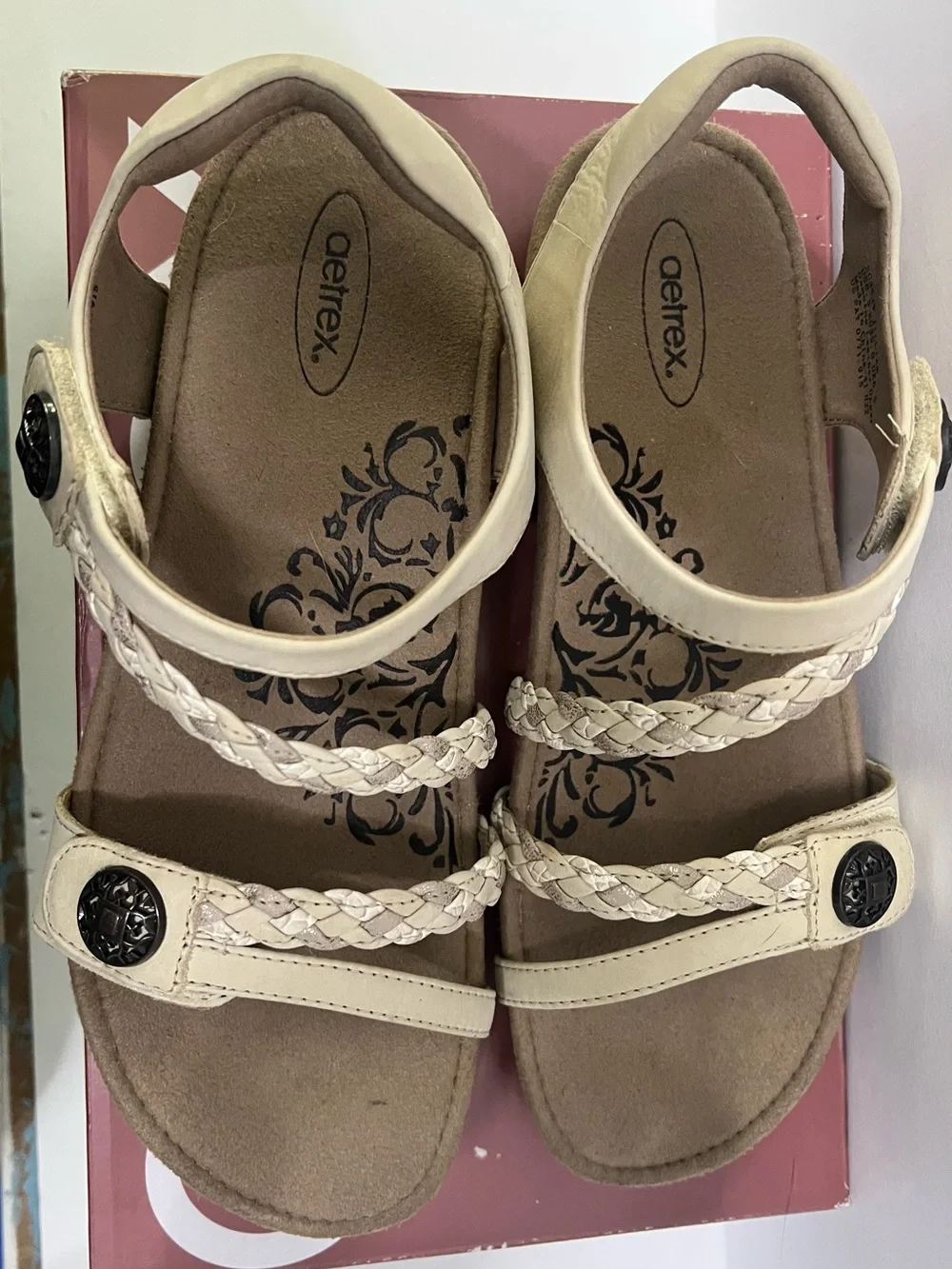 Aetrex Women's Beige Braided Strappy Sandals - Lightweight Comfort